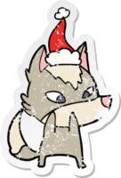 tímido mano dibujado afligido pegatina dibujos animados de un lobo vistiendo Papa Noel sombrero png