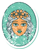 iconic distressed sticker tattoo style image of a maiden with crown of flowers png