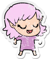 distressed sticker of a happy cartoon elf girl png