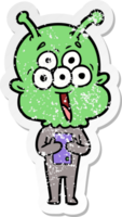 distressed sticker of a happy cartoon alien png