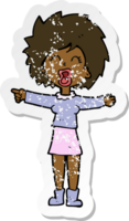 retro distressed sticker of a cartoon stressed out woman talking png