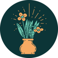 icon of a tattoo style flowers in vase png
