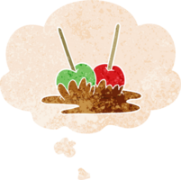 cartoon toffee apples with thought bubble in grunge distressed retro textured style png