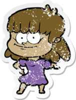 distressed sticker of a cartoon smiling woman png