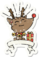 worn old sticker of a tattoo style christmas reindeer with present png