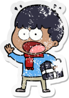 distressed sticker of a cartoon shocked man with gift png