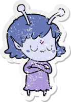 distressed sticker of a cartoon alien girl png