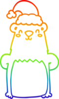 rainbow gradient line drawing of a cartoon bear wearing christmas hat png