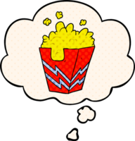 tekenfilm doos van popcorn met gedachte bubbel in grappig boek stijl png