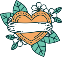 image emblématique de style tatouage d'un coeur et d'une bannière png