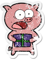 distressed sticker of a cartoon pig with christmas present png