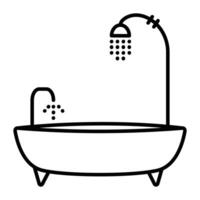 Bathroom - bathtub with legs, faucet and shower hose. Front view, black line illustration, outline monochrome sign vector