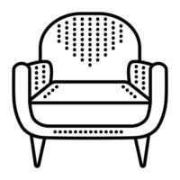 Exquisite armchair front view, fabric soft chair with short legs, single black line illustration, outline monochrome sign vector