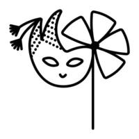 Festive Japanese masquerade mask with a stick, umbrella and pompoms, carnival black line illustration vector