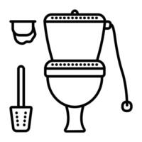 WC room - toilet bowl, paper, brush. Front view of a restroom, black line illustration, outline monochrome signs vector