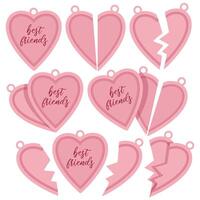 A set of pink pendants in the shape of a heart with the inscription best friends and a split hit for friendship day vector