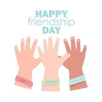 Three hands with different skin color with friendship bracelets on Friendship Day vector