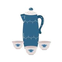 Beautiful blue teapot with bowls on white background. vector