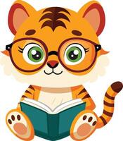 a illustration of a cute little tiger reading a book vector