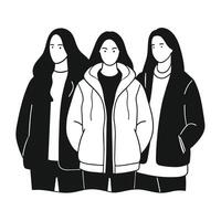 Three FACELESS female friends wearing winter jackets with different poses vector