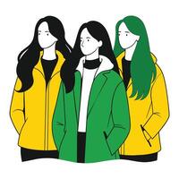 Three FACELESS female friends wearing winter jackets with different poses vector