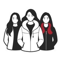 Three FACELESS female friends wearing winter jackets with different poses vector