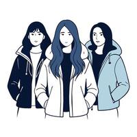 Tres sin rostro hembra amigos vistiendo invierno chaquetas con diferente posa, mujer día vector