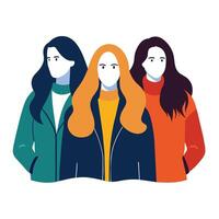 Tres sin rostro hembra amigos vistiendo invierno chaquetas con diferente posa, mujer día vector