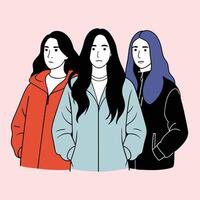 Tres sin rostro hembra amigos vistiendo invierno chaquetas con diferente posa, mujer día vector
