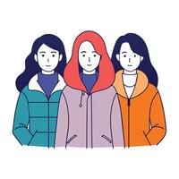 Tres sin rostro hembra amigos vistiendo invierno chaquetas con diferente posa, mujer día vector