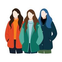 Tres sin rostro hembra amigos vistiendo invierno chaquetas con diferente posa, mujer día vector