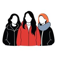 Tres sin rostro hembra amigos vistiendo invierno chaquetas con diferente posa, mujer día vector