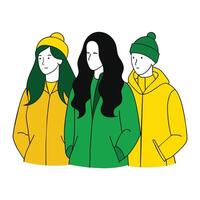 Three FACELESS female friends wearing winter jackets with different poses vector
