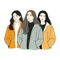 Tres sin rostro hembra amigos vistiendo invierno chaquetas con diferente posa, mujer día vector