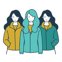 Three faceless female friends wearing winter jackets with different poses, woman day vector