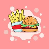 hamburguesa con papas fritas rápido comida icono concepto aislado . plano dibujos animados estilo vector