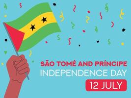 Sao Tome and Principe independence day 12 July. Sao Tome and Principe flag in hand. Greeting card, poster, banner template vector