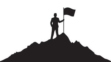 silueta de un hombre en pie en parte superior de un montaña participación un bandera vector