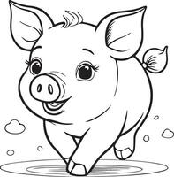 Kawaii pig, cartoon character, cute lines and colorful coloring pages. vector