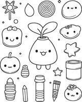A drawing of cartoon characters and objects, including a plant, a star, a can vector