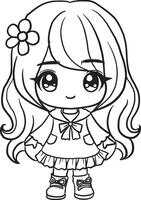 Kawaii girl, cartoon character, cute lines and colors, coloring page vector