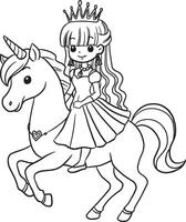 unicornio caballo princesa kawaii dibujos animados caracteres, linda líneas y vistoso colorante paginas vector