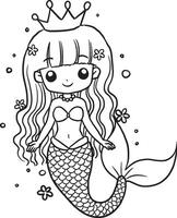 sirena, kawaii, dibujos animados caracteres, lindo, líneas y colores, colorante paginas vector