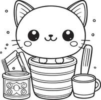 un linda dibujos animados gato es sentado en un maceta con un cuchara y un taza vector