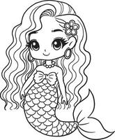 sirena, kawaii, dibujos animados caracteres, lindo, líneas y colores, colorante paginas vector