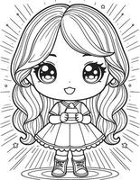 Kawaii girl, cartoon characters, cute lines and colorful coloring pages. vector