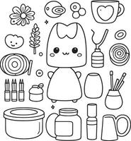 A cute cartoon cat is standing in front of a bunch of items, including a cup vector