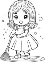 Girl sweeping the floor, kawaii cartoon characters, cute lines and colors, coloring page vector