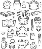 A collection of cartoon characters and objects, including a book, a cup vector