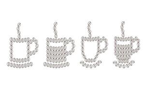 Abstract stylized silhouette and outline coffee cups with saucer and steam of coffee beans contour vector